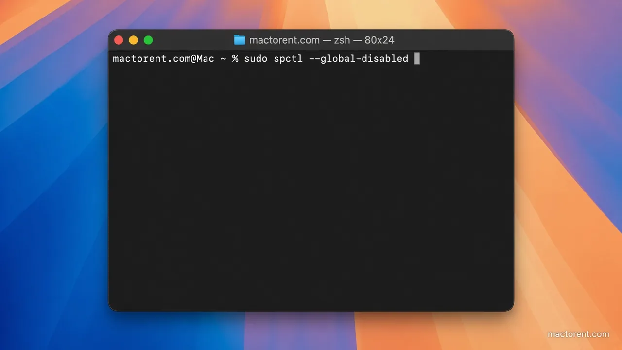 Terminal on mactorent.com running sudo spctl --global-disable