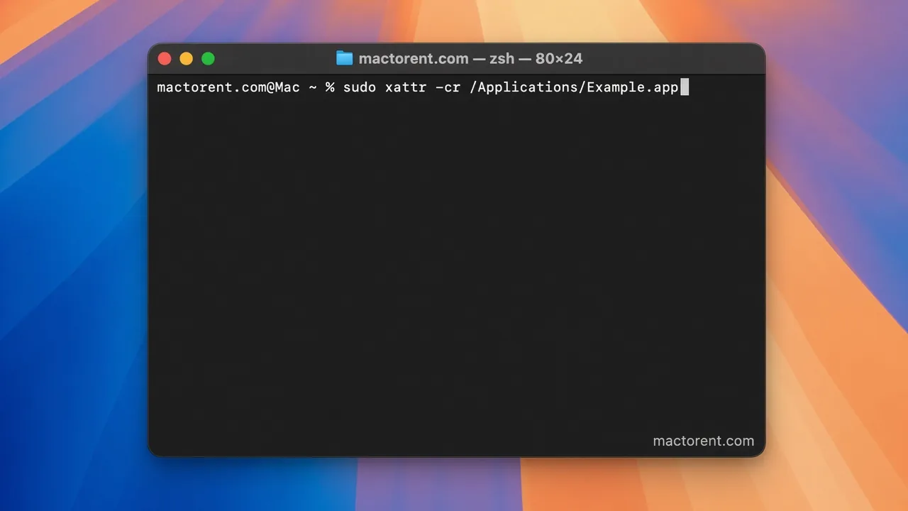 Terminal on mactorent.com running sudo xattr to clear quarantine on an app