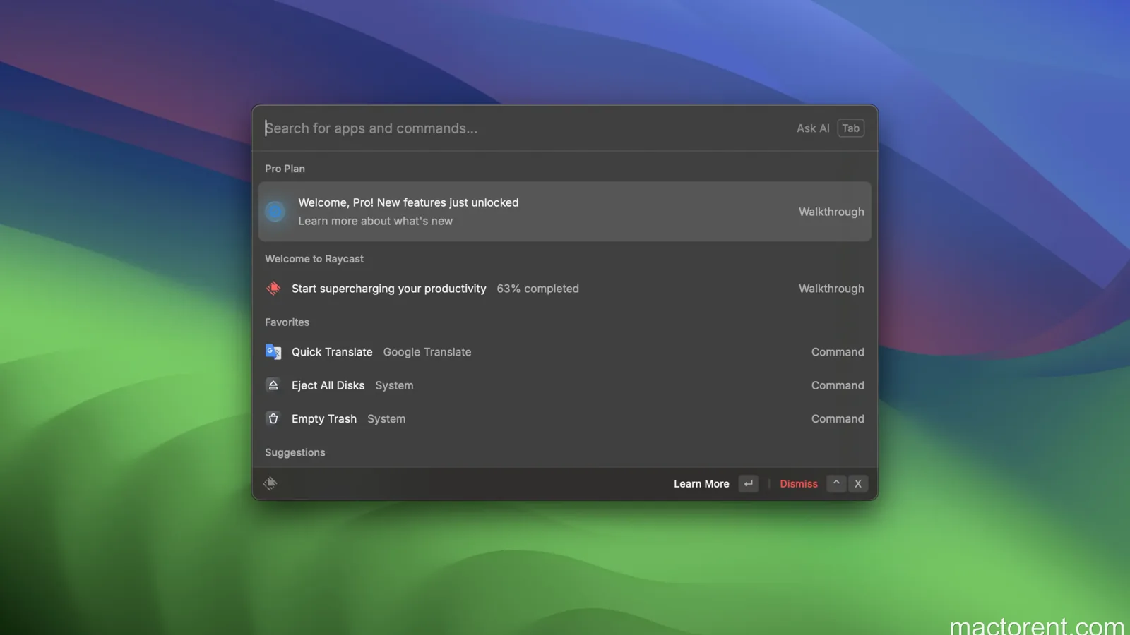 Raycast search window with commands for translate, eject disks, and empty trash