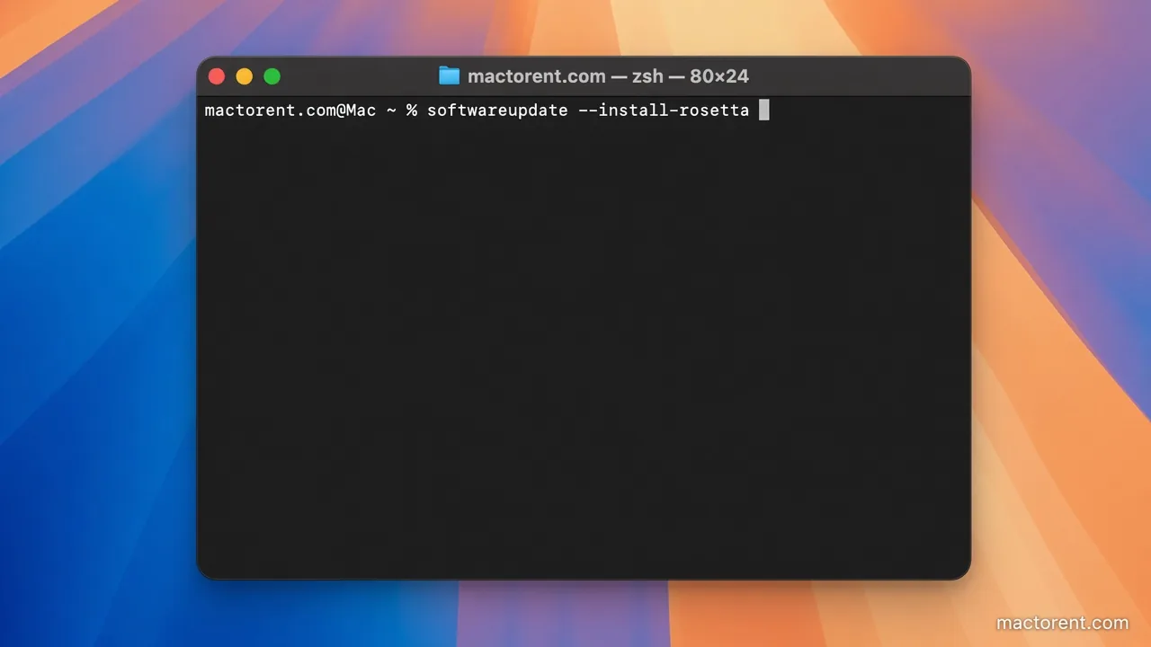 Terminal on mactorent.com running softwareupdate --install-rosetta